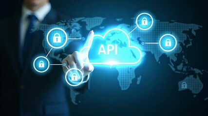 Hand interacting with holographic API interface displaying application programming cloud computing global network security icons symbolizing integration development in empty space concept as Hand inte