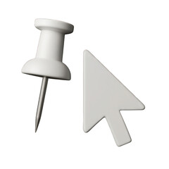 White thumbtack and computer cursor, isolated on transparent background