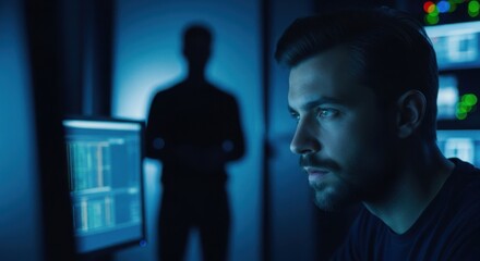 Man intently focused on computer screens in a dimly lit room