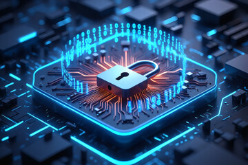 Macro closeup of a blue computer circuit board with an electronic processor chip and other hardware components, representing the digital technology and engineering of a modern motherboard
