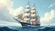 © miss irine - Majestic sailing ship navigates ocean waves under cloudy sky. Historical nautical illustration features a classic vessel with full sails, evoking themes of exploration, adventure, and maritime travel.
