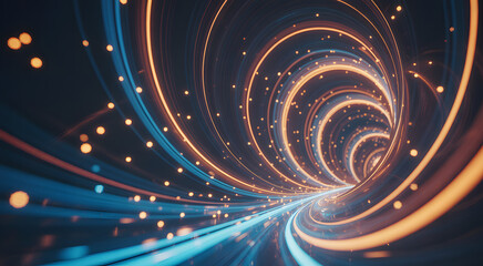 Vortex of Data: A mesmerizing abstract digital rendering showcases a dynamic tunnel of light and energy, with glowing lines and particles converging towards a central point.