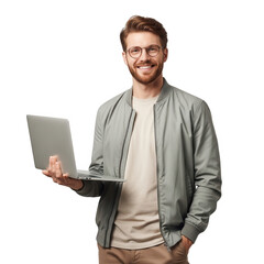 Happy bearded man in glasses holds laptop smiling confidently ready for business transparent background