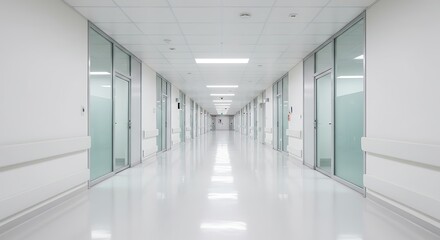  Long Bright Hospital Corridor With Doors and Lights