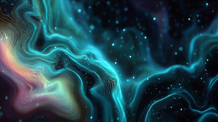 Dynamic glowing abstract lines flow through dark space with bright bokeh particles, representing data flow and digital networks
