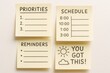 © Sergey - Yellow sticky notes showing priorities, a schedule, reminders, and motivational quote on light background, concept of planning and productivity