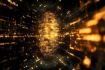 Digital face formed by glowing binary code and light particles floating in dark cyberspace, representing artificial intelligence and machine learning technology.