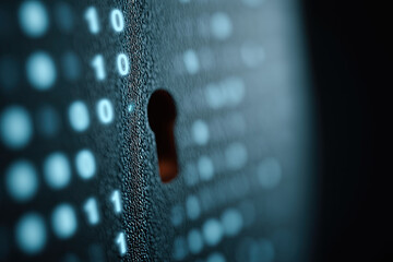 digital matrix displays glowing binary code patterns across dark technological interface.
