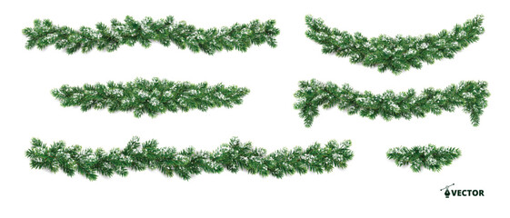 Wall Mural - Horizontal Christmas garlands. Snowy fir branches. Frosty festive design for winter celebration banners, greeting cards, invitations, and seasonal posters. Transparent background in vector file.