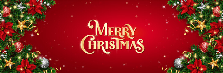 Wall Mural - Christmas background with red glow, golden Merry Christmas lettering, and festive corner garlands of poinsettias, pine branches, ornaments, and stars. Perfect for cards and banners.