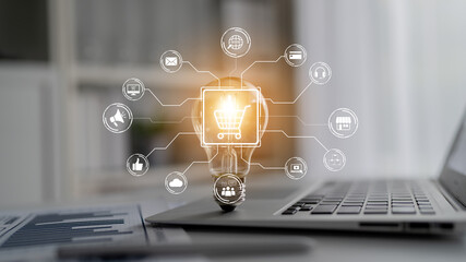 Wall Mural - Omni-channel marketing and online shopping strategies, cross-platform customer experience, brand unification, and integrated marketing communication across digital channels. Spline