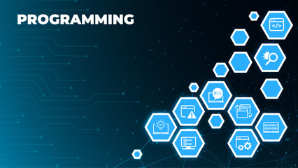 Wall Mural - programming or software engineering vector illustration. Blue concept related to html coding, beta testing an application, software design and development process, implementation and verification.
