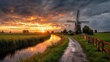 Friesland at Dusk: A Serene Sunset Over Windmills in Dutch Countryside, Blending Architecture and Agriculture
