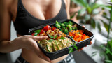 Fit lunchbox: zdrowa dieta, kobieta fitness, kolorowe warzywa, modny lifestyle

