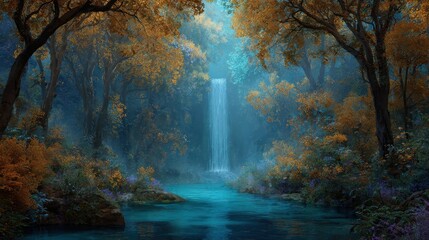 Wall Mural - Enchanting Waterfall in a Mystical Forest: A Fantasy Landscape of Nature's Beauty