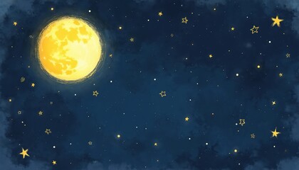 Wall Mural - hand-drawn illustration of glowing yellow moon, scattered stars on dark blue night sky. loose sketch