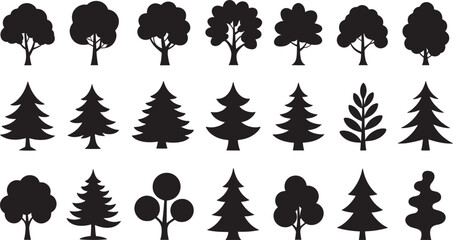 Silhouette of Evergreen Trees Set on White Background,Pine fir tree tall tree isolated premium vector image, black and white tree silhouettes,coniferous trees, pine trees,fir trees silhouettes set,Ai