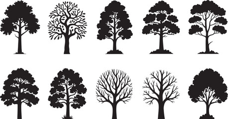 Tree Silhouette Vector Collection – Forest Icons, Branches, Leaves, Oak, Pine, Birch, Nature Elements Set