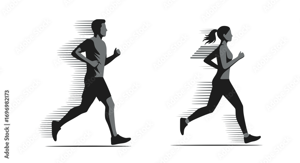 Running man and woman, isolated vector silhouettes. Run, side view ...