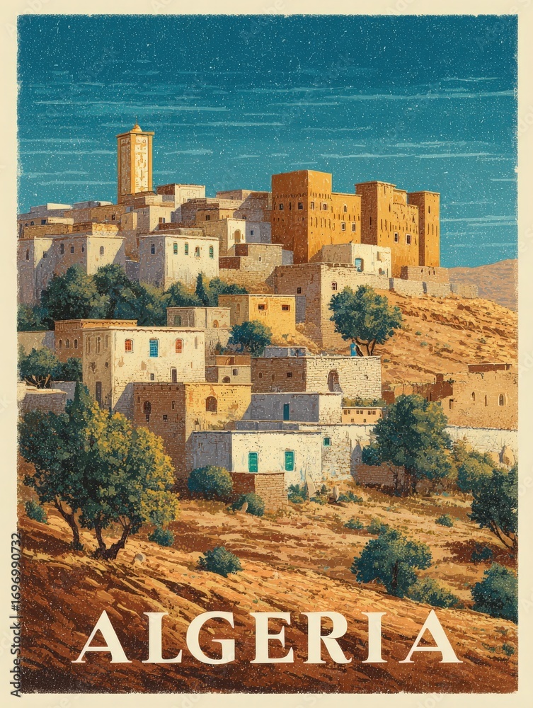 This artwork showcases a picturesque hillside village in Algeria, featuring traditional stone houses and ancient fortifications nestled among rolling landscapes under a clear sky.