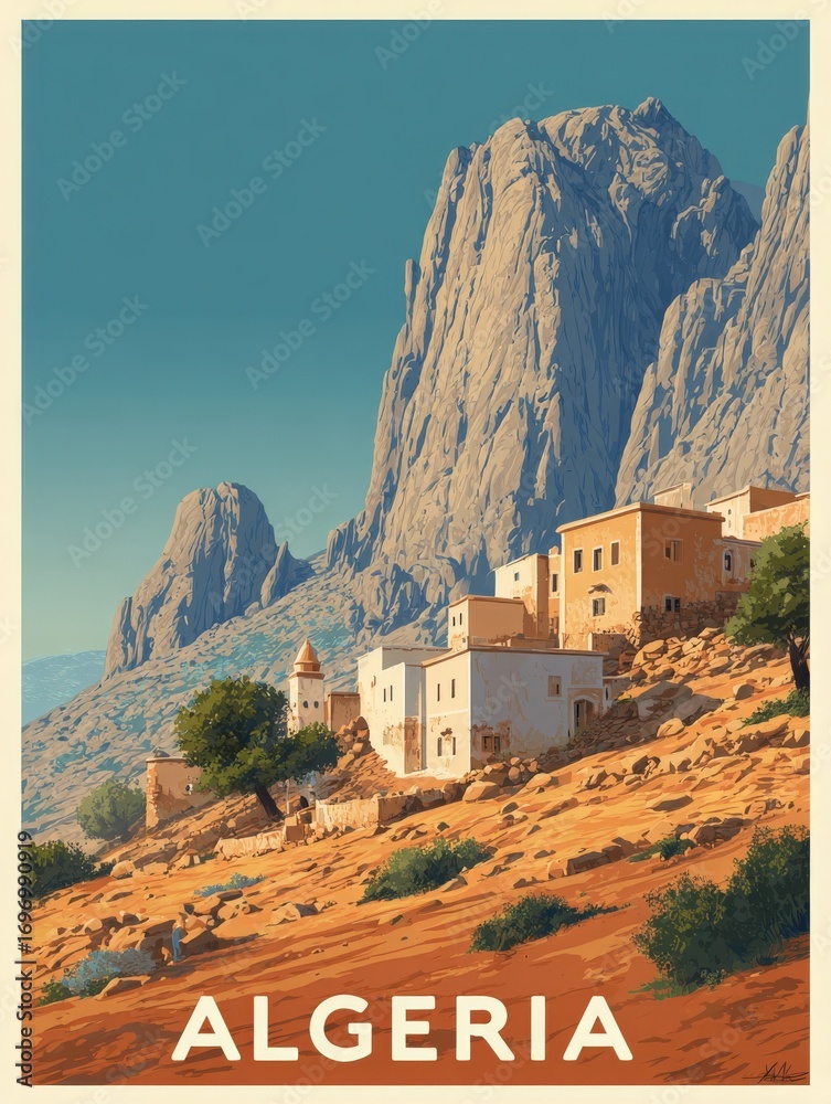 A picturesque village is set against towering rocky mountains in Algeria. The buildings are made of earth-toned materials, blending harmoniously with the surrounding terrain.