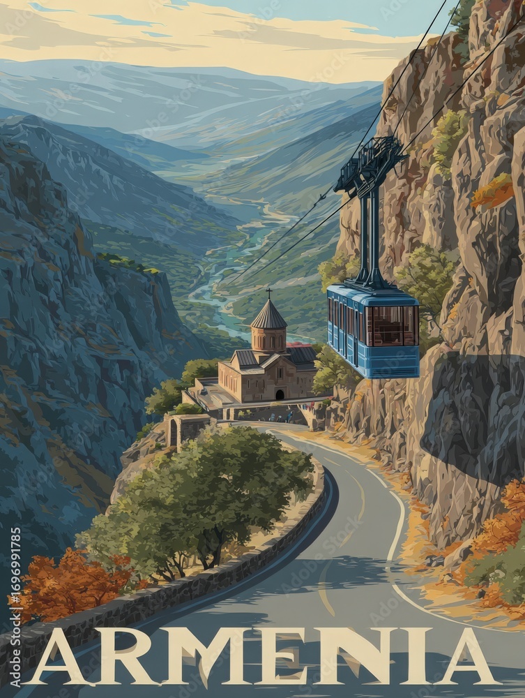A cable car glides above a winding road in Armenia, showcasing stunning mountain views and an ancient monastery nestled among the rocky landscapes during a serene afternoon.