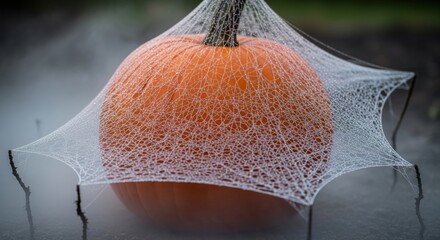 An ethereal pumpkin encased in dew-kissed spiderwebs evokes autumn mystique.
