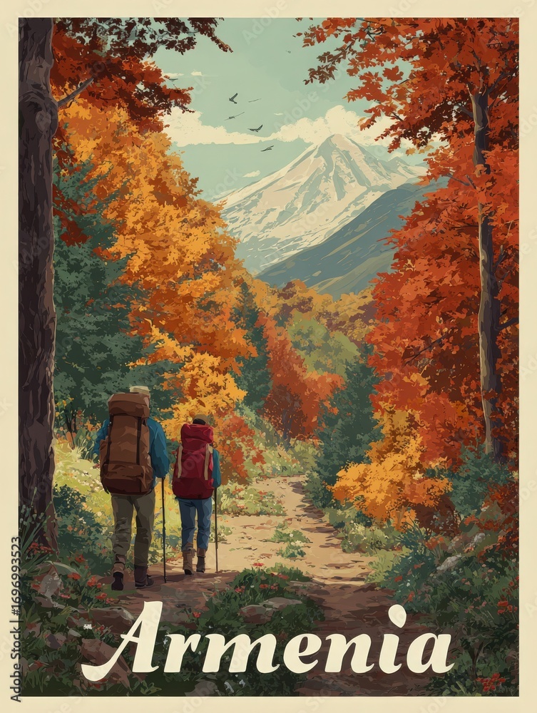 Two hikers navigate a scenic forest path adorned with orange and yellow leaves, framed by towering mountains in the distance, showcasing Armenias stunning autumn landscape.