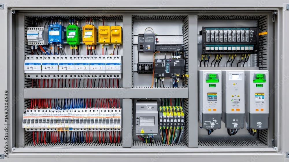 Electrical control panel showing circuit breakers, relays, and wiring ...
