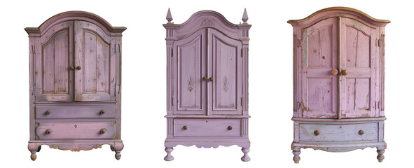 Three antique distressed pink wardrobes with drawers and ornate details, isolated on transparent background