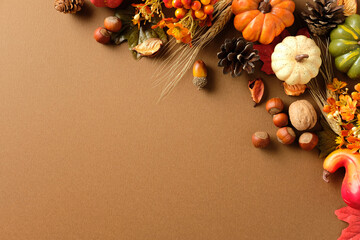 Wall Mural - Autumn harvest composition with pumpkins, pinecone, acorn, nut, wheat, leaf, berry and flower on brown background. Seasonal fall decor for Thanksgiving and cozy home design