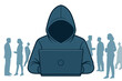 © Underhood - A faceless young hacker in a hoodie works on a laptop amid a blurry cityscape, surrounded by business professionals, embodying cybersecurity concepts with a toned double exposure image
