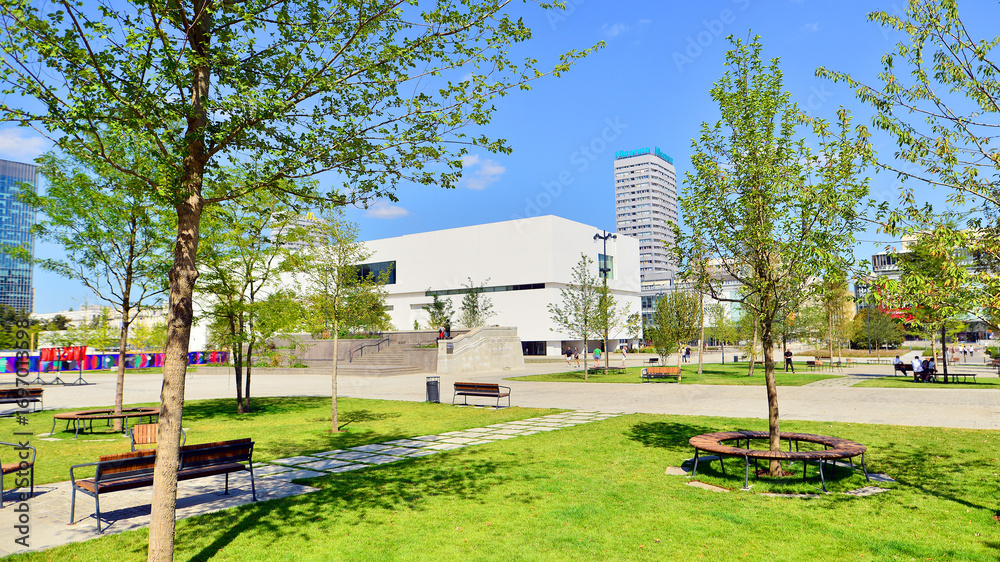 Warsaw, Poland. 15 August 2025. Central Square is the space in front of the main entrance to the Palace of Culture, next to the Museum of Modern Art.