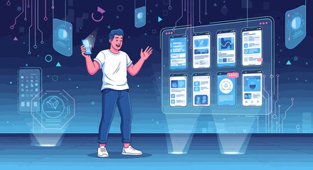 Man Showcasing Mobile App Design In Virtual Environment Technology