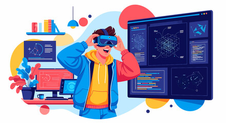 Man Wearing Virtual Reality Headset Exploring Interactive Digital World