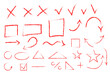 © Monika Jurczyk - Red chalk crayon hand-drawn arrows, checkmarks, crosses, and geometric doodle shapes with grunge texture. Sketch design elements vector illustration set for graphic design, creative projects. PNG