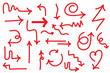 © Monika Jurczyk - Hand-drawn chunky arrows in various curved, wavy, and looped styles. Chalk, sketch-style red arrows perfect for directions, infographics, presentations, creative designs, and highlighting elements