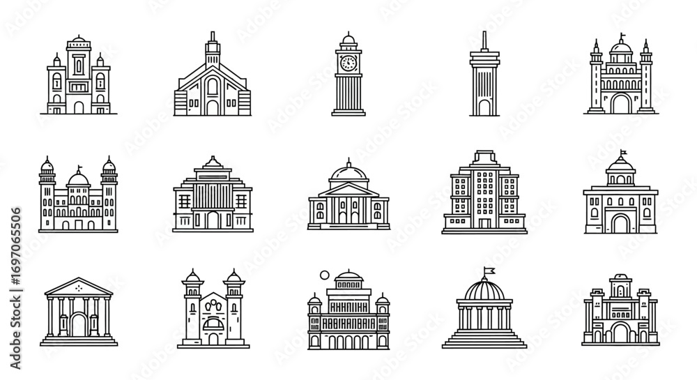 Vector Icons Set of Minimalist Line Art Icons of Famous Architectural ...