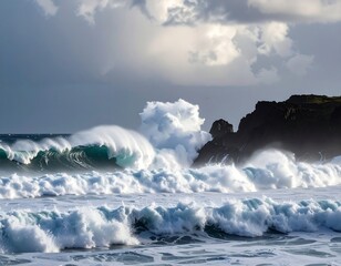  Powerful waves crashing against rocky shore under dramatic sky