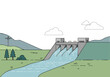 © Vector Factory - stylized illustration depicts a hydroelectric dam with flowing water The scene showcases a clean modern design with a focus on water flow and power generation