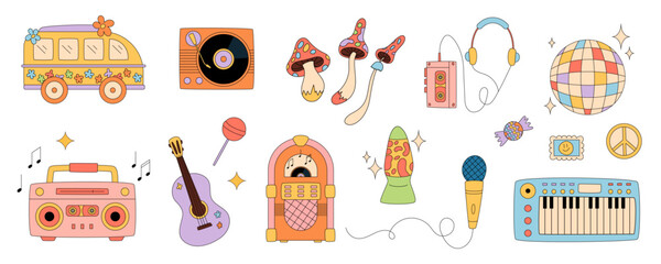 Wall Mural - Groovy retro music party sticker set in cartoon graphic style with disco, guitar, cassette, boombox and colorful groovy element. Y2k set for playful, vintage and fun mood creative use.