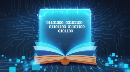 Open book with binary code, digital learning, knowledge, education, and technology concept, artificial intelligence, and machine learning