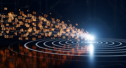 Digital communication concept with glowing email symbols