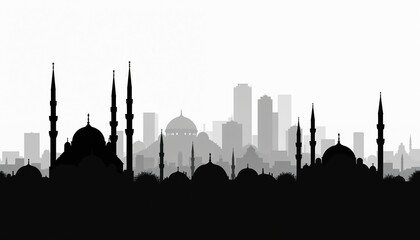 Silhouette mosque with city buildings. Black, white graphic of urban skyline, minarets, domes. Representing islamic culture, religion. Suitable design, background, illustration, print for travel