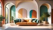© Karina - interior design with modern sofa and colorful wall decor in a stylish living room space with arches and natural lighting for elegant modern home interior