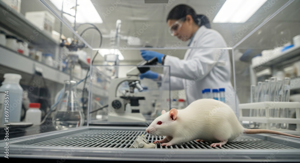 Medical Lab Rats Scientist man watching white rat experiment in laboratory. Scientific ...