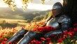 © Nabila - Weary knight finds tranquil repose amidst a vibrant field of red poppies, bathed in the soft glow of a golden afternoon light