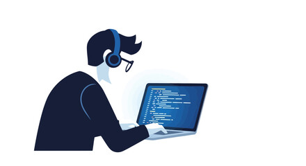 An illustration depicting a software developer working on a laptop with code, ideal for showcasing remote work, coding, and technology concepts for digital platforms