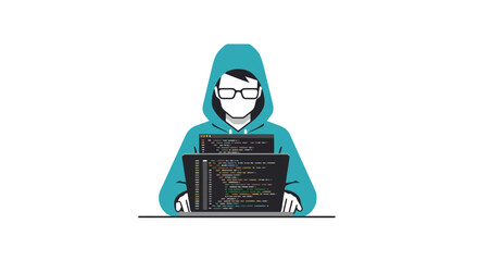 An illustration of a focused programmer coding on dual laptops, showcasing software development, cybersecurity, and modern technology for web design and educational purposes