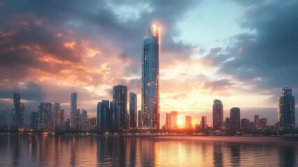 A breathtaking view of a futuristic city skyline with a central skyscraper glowing against a dramatic sunset sky over the water